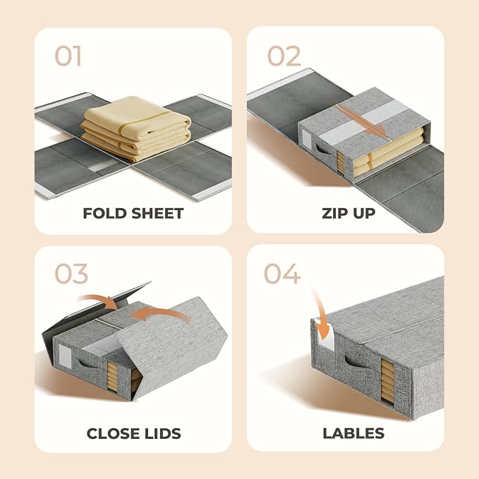 Sheet Organizers and Storage for Linen Closet, 6Pack Grey | 1200D Linen-Type Cloth, Fits King and Queen Sheet Sets, Clear Window and Label Slot, Foldable Dustproof Storage with Handle