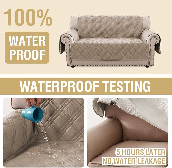 H.VERSAILTEX 100% Waterproof Loveseat Slipcovers Modern Couch Covers for 2 Cushion Couch Sofa Pet Friendly Thick Soft Couch Cover for Dogs with Elastic Straps (Loveseat, Taupe/Beige)