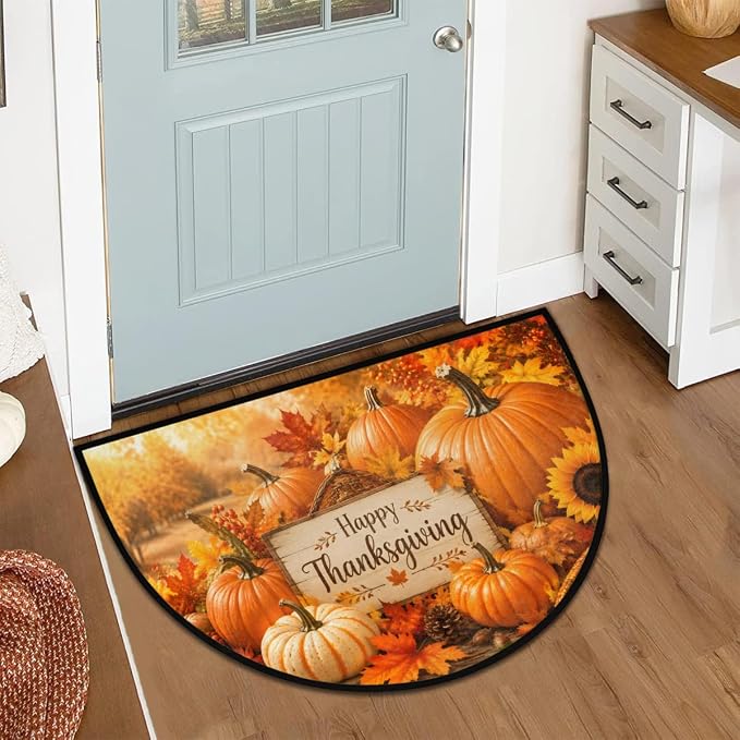 Thanksgiving Half Round Door Mat Welcome Entrance Mat Bath Bathroom Rug B8 | Autumn Pumpkin Thanksgiving Welcome Entrance Mat Anti-Slip Half Moon Bath Mat Semi Circle Rug Indoor Outdoor Kitchen Rug