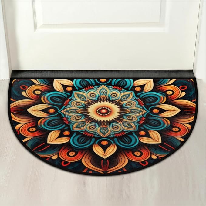 Bohemian Flower Half Round Doormat Boho Floral Washable Semi Circle Area Rug Non Slip Absorbent Half Moon Rug for Indoor Outdoor Bathroom Kitchen Patio Front Welcome Fireplace Hearth Floor Mat