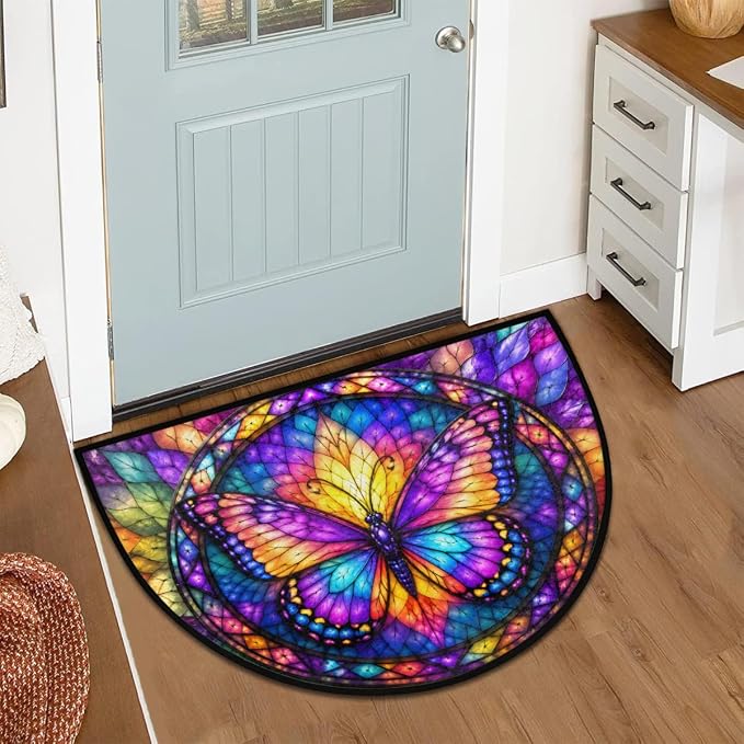 Butterfly Half Round Door Mat Welcome Entrance Mat Bath Bathroom Rug A8 | Butterfly Glass Painting Welcome Entrance Mat Anti-Slip Half Moon Bath Mat Semi Circle Rug Indoor Outdoor Kitchen Rug