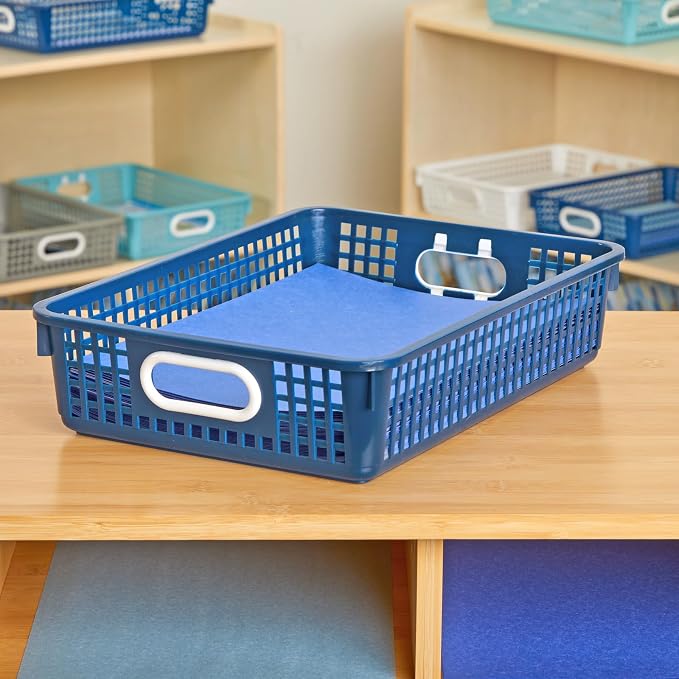 Really Good Stuff Small Desktop Paper Storage Baskets, Set of 4 | 14" x 10" x 3.25", Cool & Calm Colors, Stackable Mesh Baskets with Grip Handles