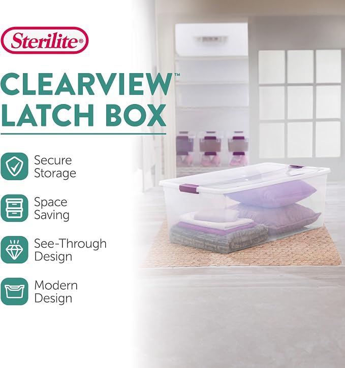Sterilite Clearview Latch Boxes, Storage Bins with Lids, 110 Quart, 8-Pack | Clear Plastic Organizers with Color Accent Latches for Closet, Bedroom, Shelving Units, Dorm Room and Home Organization