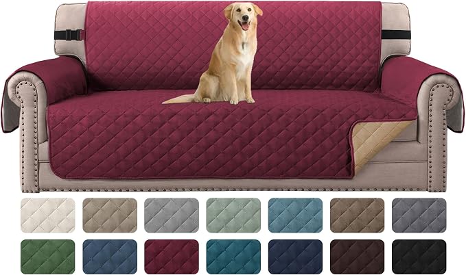 H.VERSAILTEX Sofa Slipcover for Dogs/Cats/Pets Sofa Cover Quilted Furniture Protector with Non Slip Elastic Strap Water Resistant Sofa Covers Couch Covers Seat Width to 66" (Sofa, Red/Tan)