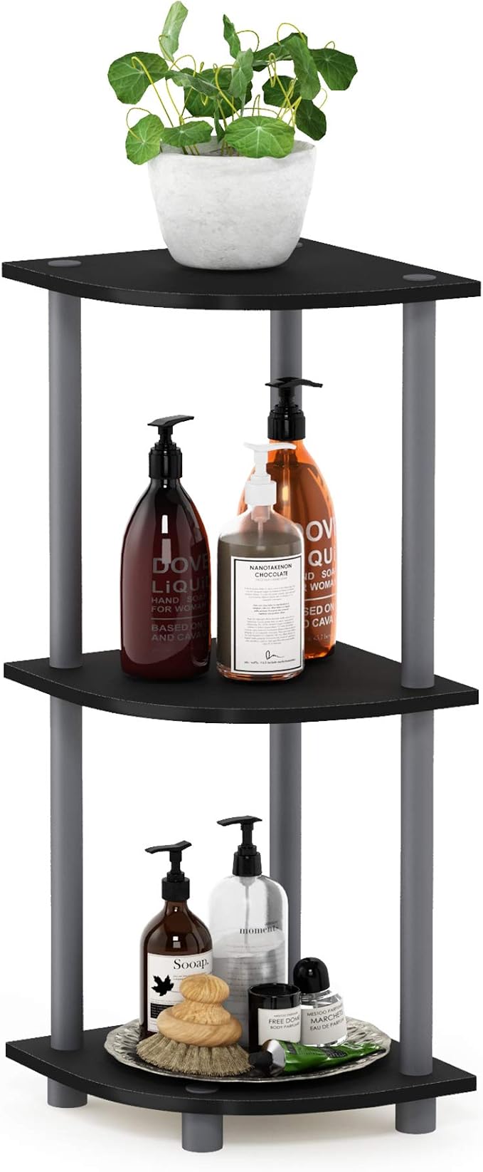 Furinno TURN-N-TUBE Corner Shelf, 3-Tier Corner Bookshelf, Display Storage Shelves with Open Shelves, for Organization and Storage, Living Room, Home Office, Garage, Black
