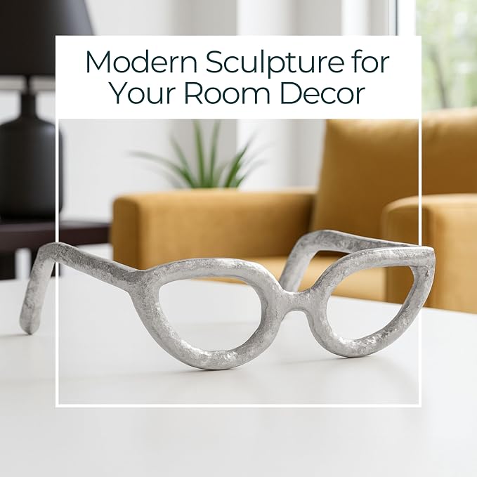Cateye Glasses Decorative Object – Aluminum Sculpture Modern Home Decor Ornament – Shelf Styling & Coffee Table Decor for Bathroom, Office & Living Room – 7"x3", Silver