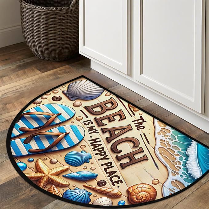 Beach Shell Sea Half Round Door Mat Non-Slip Semi Circle Rug Washable Half Moon Floor Rug Absorbent Bathroom Area Rugs for Outdoor Indoor Fireplace Mat Entryway Kitchen Decor Rugs