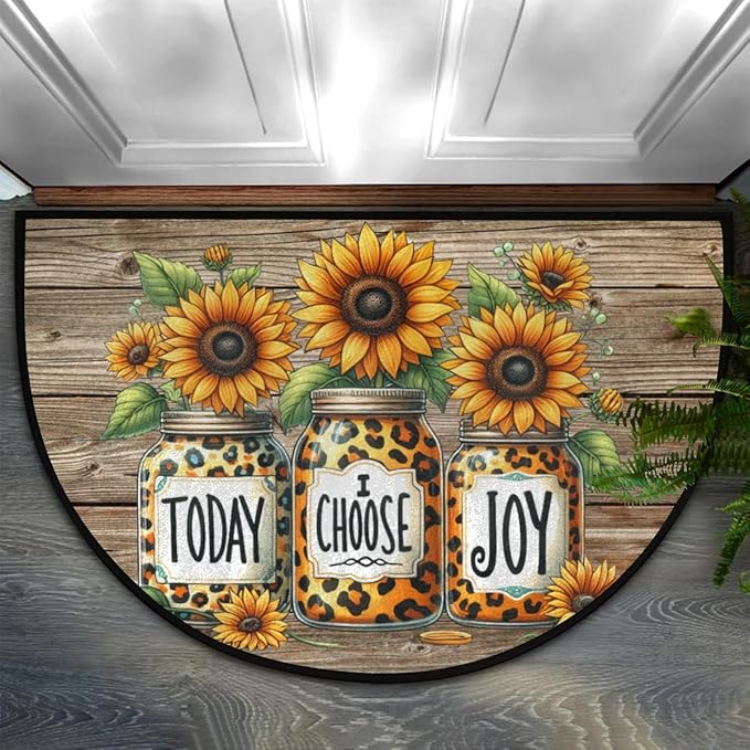 Sunflower Half Round Doormat Semi Circle Rug Half Moon Rug Entryway Mat | Wood Sunflower Washable Non Slip Outdoor Floor Rug Kitchen Mat for Indoor Outdoor Bathroom Fireplace Bath