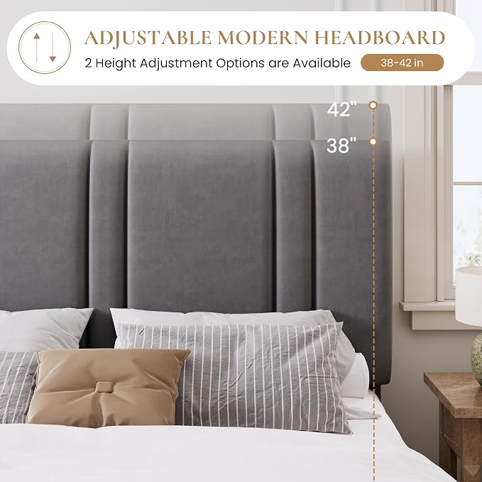 SHA CERLIN California King Bed Frame, Velvet Upholstered Bed with Adjustable Headboard, Vertical Channel Tufted Design, Sturdy Wood Slat Support, No Box Spring Needed, Easy Assembly, Grey