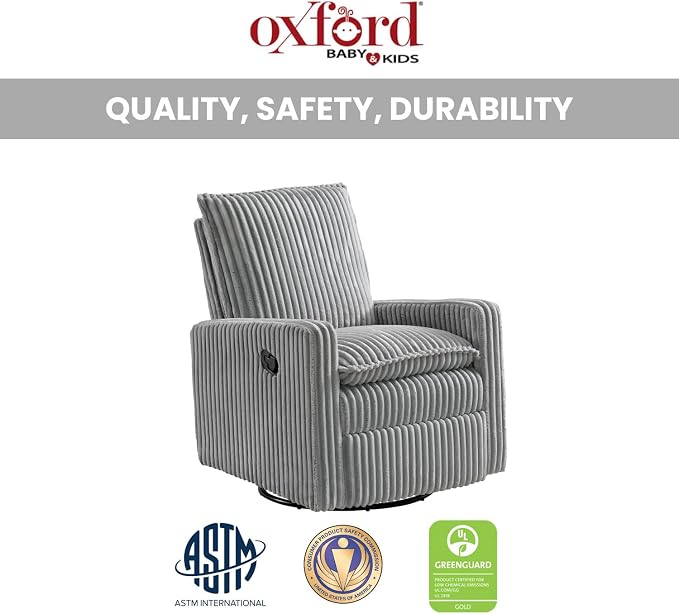 Oxford Baby Uptown Upholstered Glider Recliner Rocking Chair 360° Swivel for Nursery and Living Room - Corduroy Ash Gray, Green Guard Gold Certified