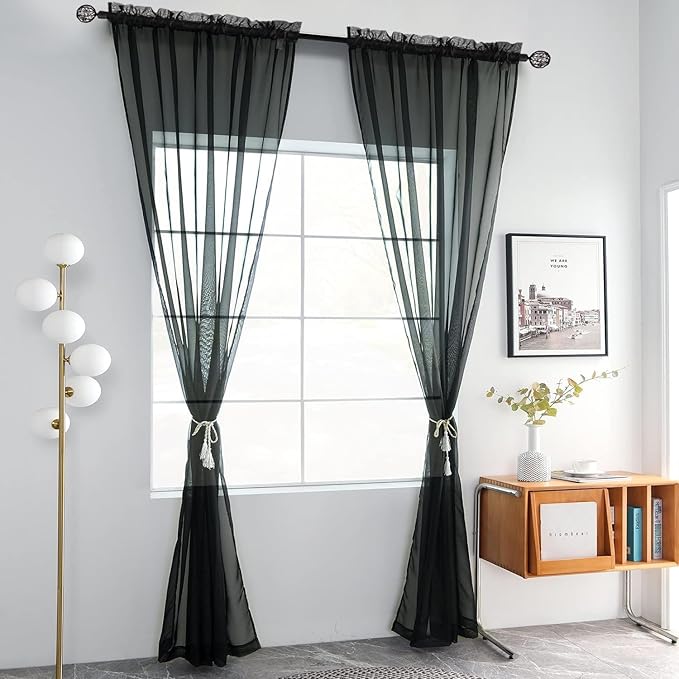 youleyar Solid Sheer Rod Pocket Curtain Voile Draperies 2 Panels White Beige Black Grey Coffee 70 Inch Width 84 Inch Long 1 Pair for Kitchen Bedroom Children Living Room Yard(Black,70Wｘ84L)