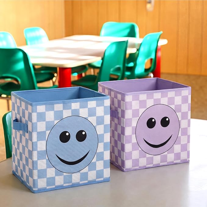 Bokon 6 Pcs 11 Inch Smile Face Classroom Storage Bins Pastel Back to School Classroom Must Have Fabric Foldable Storage Basket with Handles for Daycare Elementary School Shelves Toys Books