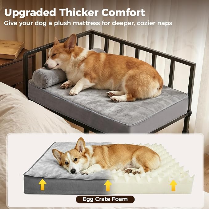 Bedside Dog Bed, Height Adjustable Elevated Co-Sleeper for Small Medium Dogs, Fits Low to High Beds (17-28in), Heavy-Duty Metal Bunk Bed Frame with Safety Side Rails & Washable Cushion