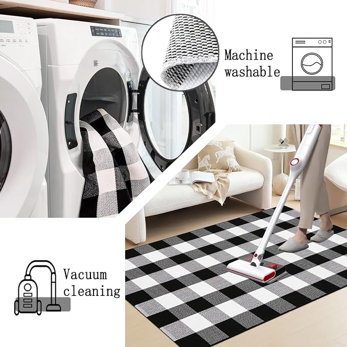 Buffalo Plaid Rug 3'x5' Black and White Checkered Rug Front Door Mat Outdoor Cotton Washable Front Porch Rug Layered Doormats for Front Porch/Farmhouse/Entryway