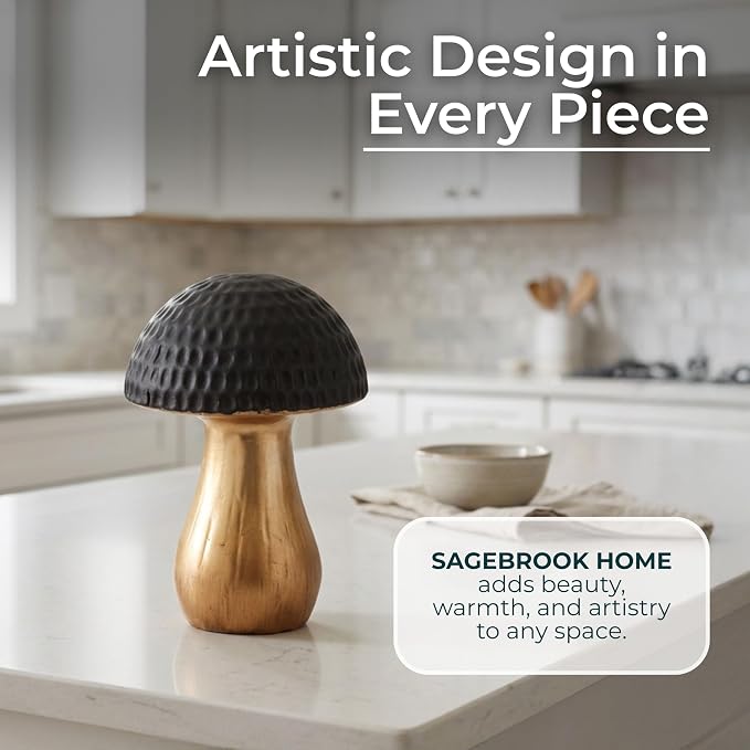 Ceramic Figurine Statue – Sculptural Room Decor Accent, for Shelf, Desk, or Console Placement, Black and Gold Mushroom–Inspired Modern Home Decor Art Design – 7", Black & Gold Finish
