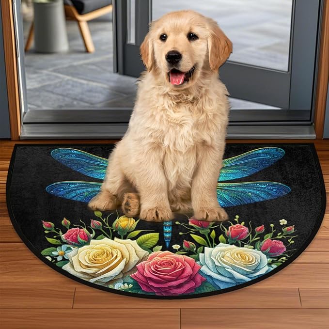 Floral Flower Dragonfly Half Round Door Mat Non-Slip Semi Circle Rug Washable Half Moon Floor Rug Absorbent Bathroom Area Rugs for Outdoor Indoor Fireplace Mat Entryway Kitchen Decor Rugs