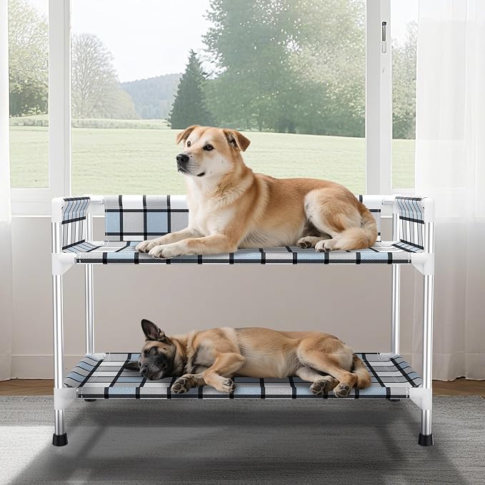 Bedside Window Dog Bunk Bed - Double Elevated Human Dog Bed with Guardrail 2 Layers Window Perch Dogs Cot 2-Tier Bedside Sleeper for Multi-Pet Households (34" x 20" x 24", Double Layer)