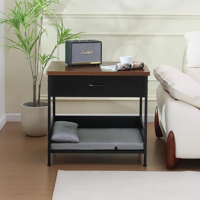 Dog Bed End Table with Storage Drawer and Washable Cushion, Black & Walnut | Open Elevated Dog Bed Furniture for Small Medium Dogs Up to 50 lbs, Metal Frame, Drawer, for Living Room, Bedroom Bedside