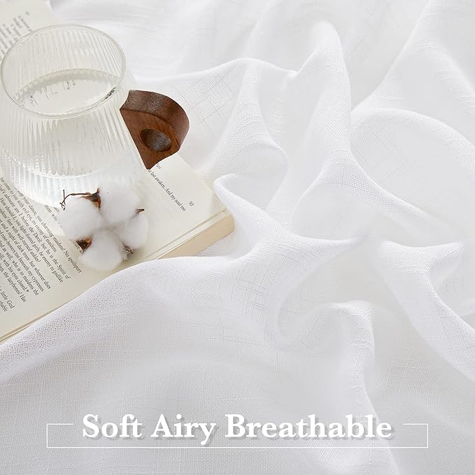 RYB HOME White Sheer Curtains Linen Texture Window Panels, Semi Sheer Light - Image 3