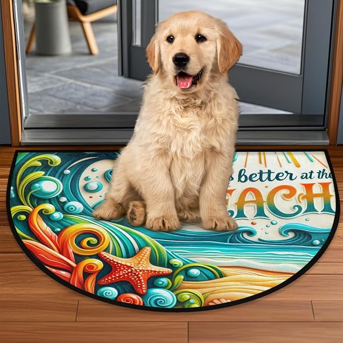 Beach Sea Summer Half Round Door Mat Non-Slip Semi Circle Rug Washable Half Moon Floor Rug Absorbent Bathroom Area Rugs for Outdoor Indoor Fireplace Mat Entryway Kitchen Decor Rugs