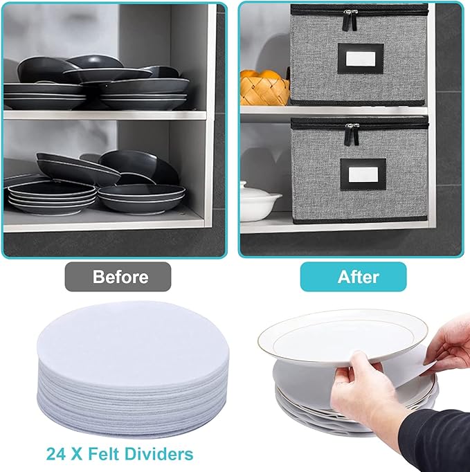 China Storage Containers-4PACK Quilted Dish Storage Containers with Lid Hard Shell for Moving Transport, Dinnerware,Stackable Plate Storage,24 Felt Plate Dividers Included,12 * 12 * 8in | 12*12*8in Dish Storage Containers with Lid Hard Shell for Moving...