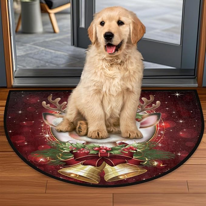 Christmas Xmas Half Round Door Mat Christmas Xmas Bells Deer Half Moon Rug Washable Half Circle Area Rugs Indoor Entrance Non Slip Semi Circle Rugs Floor Carpet for Kithen Bedroom Decorate Gift