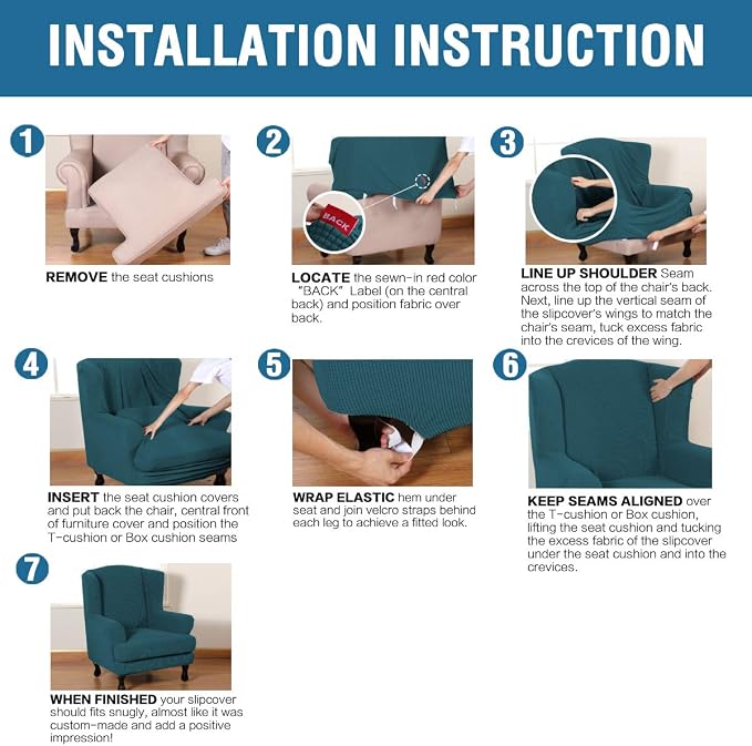 H.VERSAILTEX 2 Piece Stretch Jacquard Wingback Chair Covers Slipcovers Wing Chair Covers (Base Cover Plus Seat Cushion Cover) Furniture Covers for Wingback Chairs, Form Fitted Thick Soft, Deep Teal