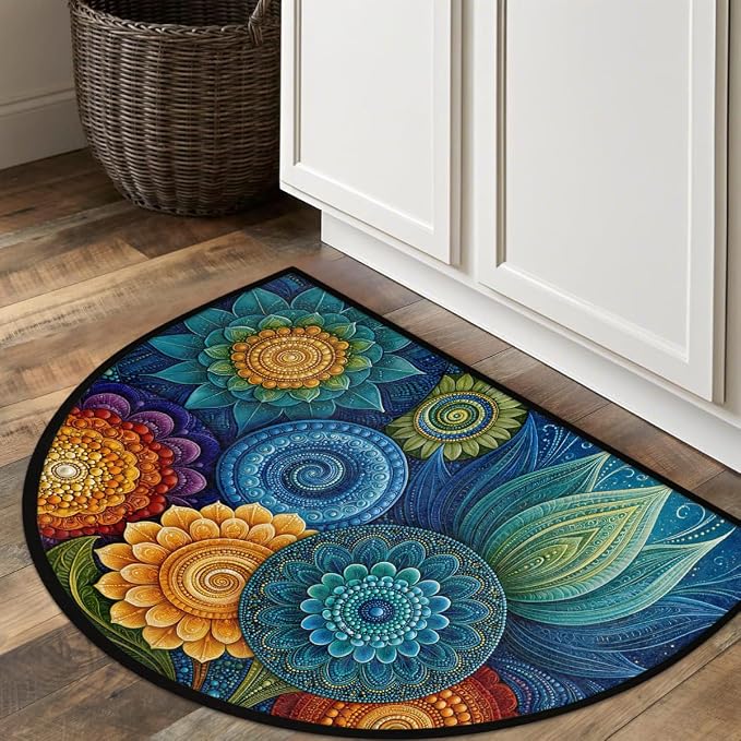 Mandala Half Round Door Mat Non Slip Half Circle Rugs | Flower Color Washable Half Moon Rug Semi Circle Rugs Indoor Entrance Floor Carpet for Kithen Bedroom Fireplace Decor
