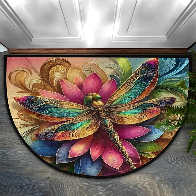 Colorful Dragonfly Gold Half Round Mat Half Moon Door Rug Washable Durable Semi Circle Carpet Floor mats for Indoor Outdoor Bathroom Kitchen Patio Hearth Rug Laundry Room Home Decoration