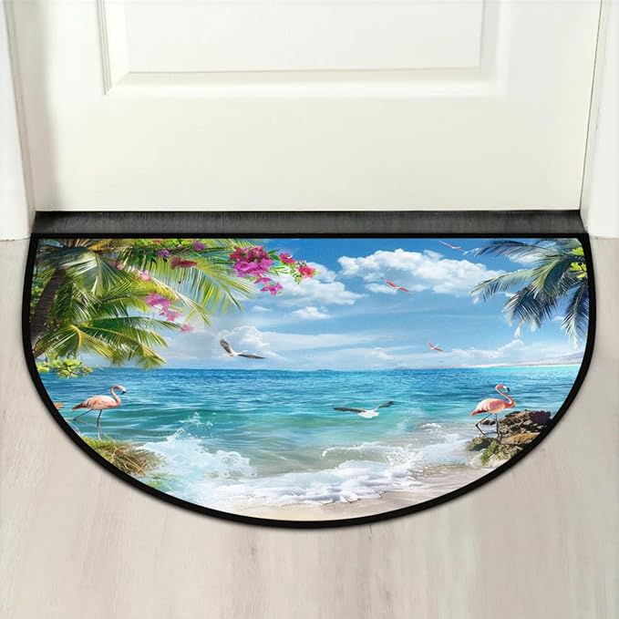 Half Round Doormat Summer Flamingo Bird Flowers Non Slip Half Circle Area Rugs Indoor Washable Half Moon Rug Semi Circle Bathroom Runner Mat Entrance Floor Carpet for Kithen Bedroom Fireplace Decor