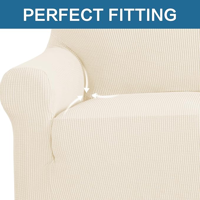H.VERSAILTEX Stretch Couch Covers for Sofa 1 Piece Slipcovers for Couches Sofas 3 Seater Couch Cover Feature Thick Checked Jacquard Fabric with Elastic Bottom,L Sofa 90"-100" Wide,Cream