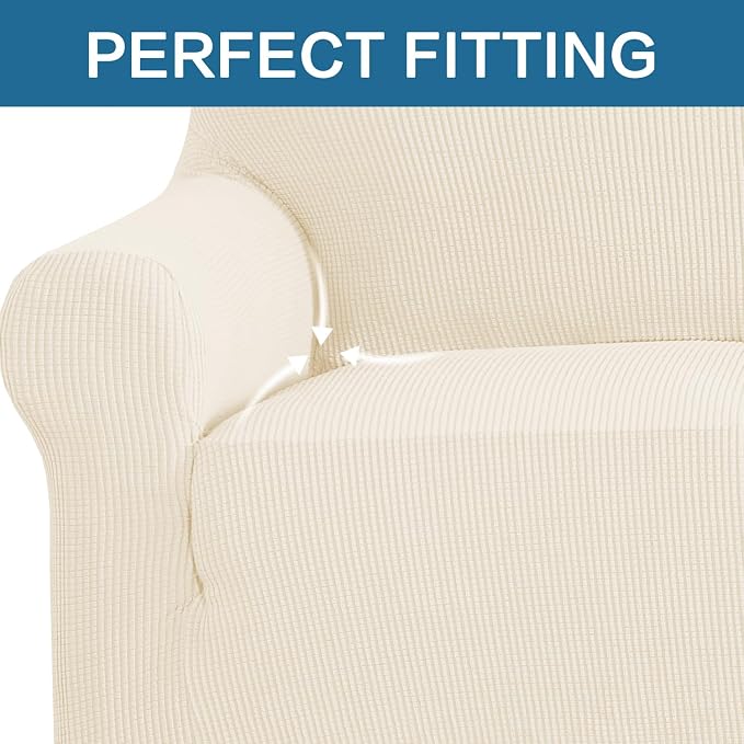H.VERSAILTEX Stretch Sofa Covers for 3 Cushion Couch Covers Sofa Slipcovers for Living Room Feature Thick Checked Jacquard Fabric with Elastic Bottom, X-Large Sofa 101"-110" Wide, Cream