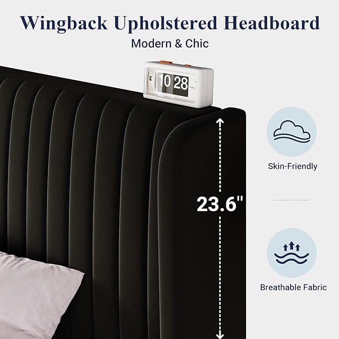 Allewie King Size Velvet Bed Frame/Vertical Channel Tufted Wingback Headboard/Upholstered Platform Bed/Strong Wooden Slats/No Box Spring Needed/Easy Assembly/Black