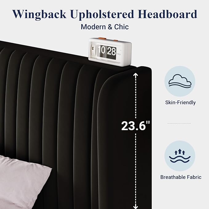 Allewie Full Size Velvet Bed Frame/Vertical Channel Tufted Wingback Headboard/Upholstered Platform Bed/Strong Wooden Slats/No Box Spring Needed/Easy Assembly/Black