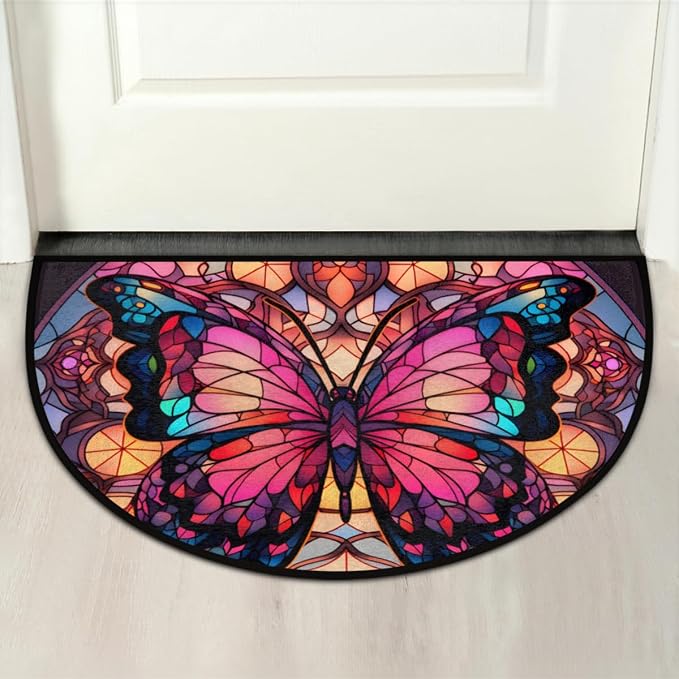 Half Round Door Mat Butterfly Glass Window Intdoor Entrance 36x24 Inch, Non-Slip Welcome Mat for Outdoor Semi Circle Bathroom Floor Rugs,House Entry Way Heavy Duty Doormat for Kitchen Living Room