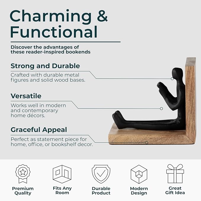 Sagebrook Home Set of 2 Decorative Bookends - Metal & Wood Reader Figurine - Boho Style Bookshelf Decor for Home & Office - 6" Brown & Black