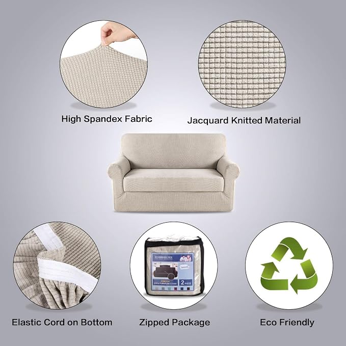 H.VERSAILTEX Loveseat Covers 2 Piece Stretch Sofa Couch Slipcover for Love seat with Individual Seat Cushion Cover Deluxe Textured Jacquard (58"-70", Island Fossi)