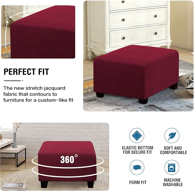H.VERSAILTEX Square Ottoman Covers Ottoman Slipcovers Folding Storage Stool Furniture Protector Form Fit with Elastic Bottom, Stretch High Spandex Small Checks Jacquard Fabric(Medium,Burgundy Red)