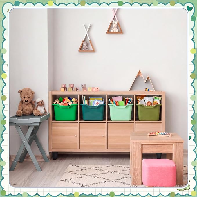 Dandat 32 Pcs Plastic Book Bins for Classroom Library Cubby Bins Scoop Front Stackable Toy Storage Tubs Containers for School Office Home Nursery Playroom Organization (Green Series)