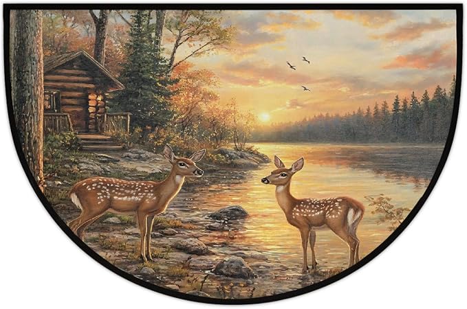 Deer Lake Half Round Door Mat Semi Moon Rug Fireplace Carpet Area Rugs | Beautiful Deer Lake Non Slip Absorbent Half Circle Mat Carpet for Indoor Outdoor Patio Kitchen Bathroom Entryway Home Decor