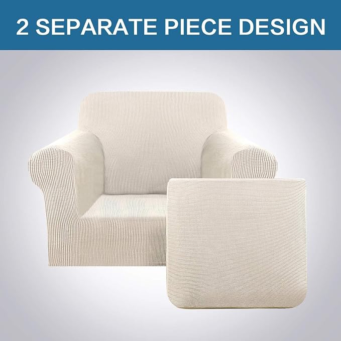 H.VERSAILTEX Stretch 2 Piece Armchair Cover Chair Covers for Living Room Furniture Cover Suit for T Cushion/Box Cushion, Spandex Jacquard Fabric Small Checks(Armchair-Oversized, Natural)