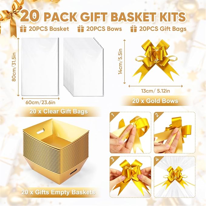 20PACK Gold Baskets for Gifts Empty, 12x10x4” Thick Cardboard Gift Basket Kit with 20 Bows & 20 Bags - Kraft Empty Gift Baskets for Christmas, Weddings, Birthdays, Bulk Gifting