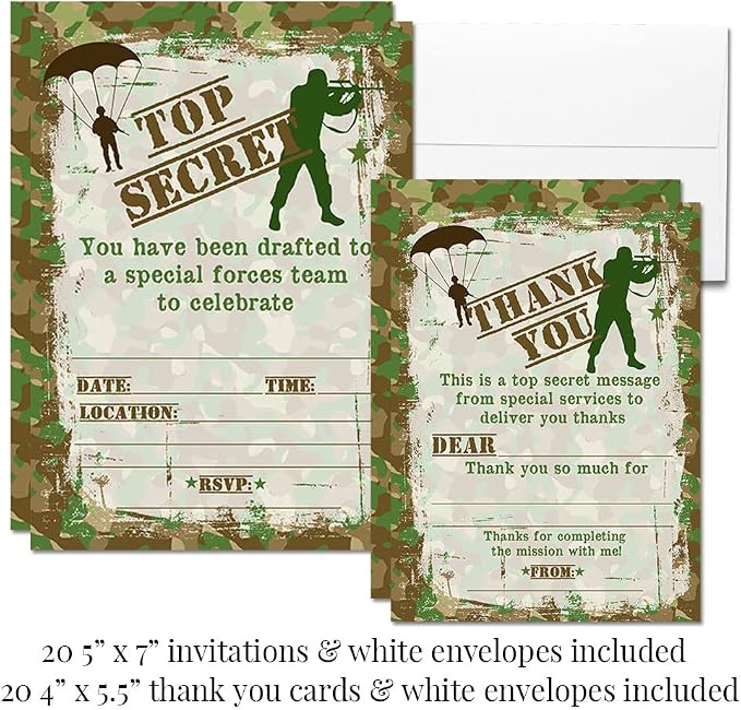 Amanda Creation Top Secret Camouflage Army Soldier Birthday Party Bundle Includes 20 Invitations & Thank You Cards & Envelopes + 2 Sizes of Stickers, & Water Bottle Labels!