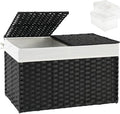 SETVSON Storage Basket with Lid Wicker Baskets for Storage with 2 Separate Lid 42.3 Gallon (160 L) 29.9 x 17.3 x 18.1 Inches Rattan Woven Large Wicker Basket with 2 Liners for Bedroom Laundry Black
