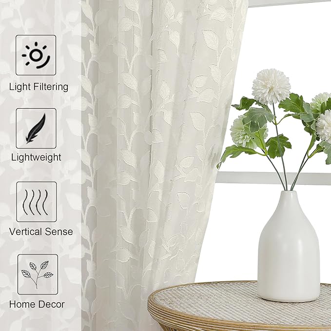 Chyhomenyc Ivory Sheer Curtains 24 Inch Length, Light Filtering Leaf Tufted - Image 3