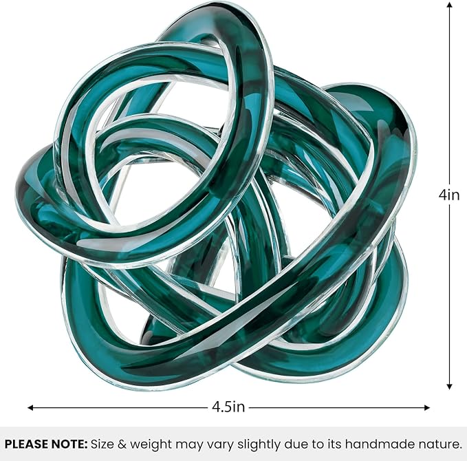Torre & Tagus Orbit Hand Blown Glass Infinity Knot Sculpture - 4.5 Inch Glass Art Teal Knot Decor Ball for Home Decor, Small Centerpiece Table Decoration for Home Interior (Clear Teal)