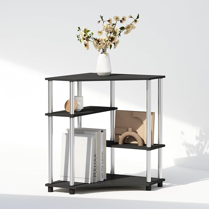 Furinno Turn-N-Tube Storage Shelves, 4-Tier Corner Shelf, Toolless Assembly Display Rack, Corner Bookshelf for Small Space, for Organization and Storage, Living Room, Home Office, Americano