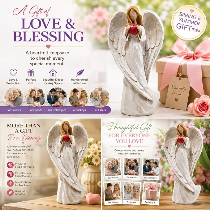 Hodao 8.75inch Resin Praying Angel Sculpture Figurine for Gifts Home Decoration Praying commemorating Angel Statue, exquisitely Carved and Hand-Painted Characters (with Hear)