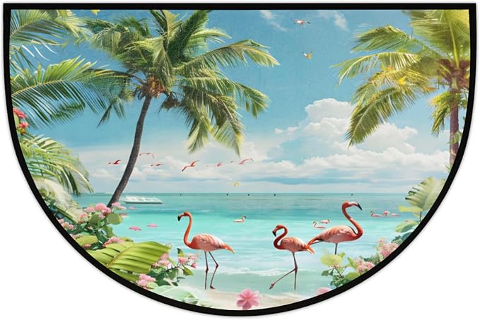Half Round Doormat Summer Flamingo Beach Flowers Non Slip Half Circle Area Rugs Indoor Washable Half Moon Rug Semi Circle Bathroom Runner Mat Entrance Floor Carpet for Kithen Bedroom Fireplace Decor
