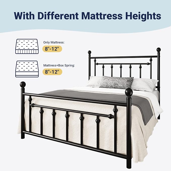 Allewie 14'' Queen Size Metal Platform Bed Frame, Vintage Headboard, Black | 50'' Tall Victorian Headboard/Footboard/Mattress Foundation/Under Bed Storage/No Box Spring Needed/Easy Assembly/Noise Free